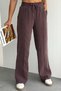 Women's Elastic Waist Lace-Up Striped Palazzo Gabardine Trousers 6023 Brown - Premium Series - 2