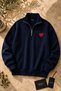 Premium Unisex Navy Blue Color Heart Printed Stand Collar Sweatshirt with Half Zipper Detail