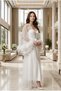 Bridal Dressing Gown and Nightgown Set |   White Satin Nightgown, Feathered Tulle Kimono Robe, and Luxurious Lace Detailed Honeymoon Set - 2
