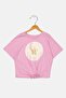 Kids Girl Round Neck Tie Front Short Sleeve Graphic Print Top, Pink