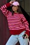Red Striped Crew Neck Oversize Women's Sweater Mg2894 - 3
