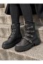 Women's Half Ankle 4-Strap Stitched Sole 5 cm Heel 20 cm Length Zippered Lace-Up Boots-Black - 4