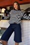Navy Blue Striped Crew Neck Oversize Women's Sweater Mg2894 - 2
