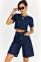 Women's Navy Blue Denim Crop Top and High Waist Bermuda Shorts Two-Piece Set - 4