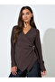 Brown Long Sleeve Wrap Blouse with Buckle Detail - 3