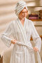 100% Cotton Waffle Pike Bathrobe and Head Towel Set 2-Piece Bath Set Ecru - Beige Striped