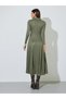 Green Ribbed Knit A-Line Maxi Dress with Collar - 5