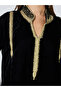 Black Embroidered Stand Collar Velvet Maxi Jalabiya - 3