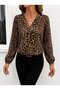 Women's long sleeve v-neck pleated front leopard print supreme blouse - 2