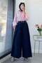 Premium Pleated Belted Poplin Skirt Trousers - Navy Blue