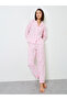 Pink Striped Bow Print Pajama Set with Long Sleeve and Straight Leg