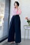 Premium Pleated Belted Poplin Skirt Trousers - Navy Blue - 6