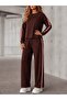 Women's Long Sleeve Crew Neck Stripe Detailed Viscose Two-Thread Blouse and Trousers Two-Piece Set - 4