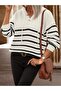 Sçlk Women's Striped Hooded Button Detailed Loose Knit Sweater - 3