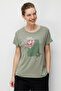 Women's Crew Neck Combed Cotton T-Shirt with Sequin Roses on the Front, Khaki - 2