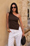 Women's Knitwear One-Shoulder Side Slit Blouse Brown 27W3052