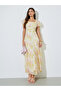 Off White Floral Print Ruffled Sleeves A-Line Maxi Dress