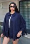Women's Navy Blue Suede Fabric Tasseled Cape Poncho - 5