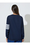 Navy Blue Striped Long Sleeves Round Neck Waffle Knit T-Shirt - 5