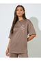 Brown Embroidered Short Sleeves Oversized T-Shirt - 3