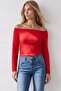 Women's red boat neck crospan wool blend knit blouse alc-x15766