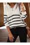 Sçlk Women's Striped Hooded Button Detailed Loose Knit Sweater - 4