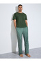 Olive Solid Pocket Detail T-Shirt and Striped Straight Leg Pants Pyjama Set