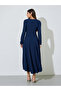 Navy Blue Textured Pleated Details Tie-Up Neck A-Line Maxi Dress - 5