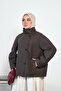 Women's Lapel Button Detail Stand Collar Lined Short Trench Coat Bitter Brown - 4