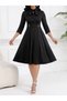 Women's Three-Quarter Sleeve Collar Lace-Up Button Detailed Midi Length Crepe Dress - 4