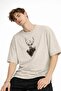 Deer Printed - Premium Fabric Oversize Men's T-Shirt Beige - 2