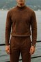 Men's High Neck Casual Brown Knit Sweater - 2