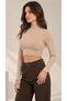 Women's Beige Color Stand Collar Long Sleeve Viscose Crop Blouse with Baby Overlock Detail - 7