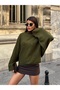 Women's Khaki Turtleneck Oversize Bat Sleeve Sweater - 2