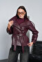 Women's Burgundy Belted Double-Breasted Stand Collar Lined Faux Leather Short Trench Coat Jacket - 3