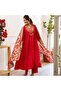 Red Embroidery Kurta and Pant Set with Dupatta -ALV2025 - Red-Size:3XL-46-Inches
