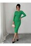 Women's Green Camisole Stretchy Lycra Crew Neck Long Sleeve Midi Length Body-Hugging Stylish Dress - 3