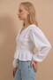 Women's V-Neck Blouse with Scallop and Embroidery - White - 3