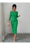 Women's Green Camisole Stretchy Lycra Crew Neck Long Sleeve Midi Length Body-Hugging Stylish Dress - 6