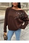 Women's Brown Boat Neck Sweater with Stone Detail - 6