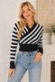 Women's Long Sleeve Double Breasted Collar Elastic Waist Cross Striped Soft Casual Short Crop Black White Knitwear Sweater - 5