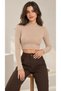 Women's Beige Color Stand Collar Long Sleeve Viscose Crop Blouse with Baby Overlock Detail