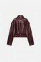 New Season Women's Oversize Stand Collar Epaulettes Burgundy Leather Jacket - 6
