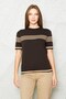 Women's Crew Neck Short Sleeve Striped Knitwear Blouse 25111 Brown-Beige - 6