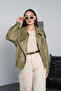 Women's Khaki Oversize Stand Collar Zippered Epaulet Detailed Elastic Waist Faux Leather Bomber Jacket