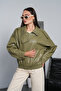 Women's Khaki Oversize Stand Collar Zippered Epaulet Detailed Elastic Waist Faux Leather Bomber Jacket - 5