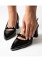 Women's Black Patent Leather Pointed Toe Bow Detailed Sole with Nickel Detail Thick Heel 7.3cm Length Casual Comfortable Shoes - 3