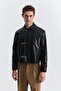 Metal Decorated Button Faux Leather Coat - 3