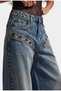 Women's Denim Color 4W6-8 Wide Leg Baggy Fit Special Design Denim Jeans with Bird Eye Detail