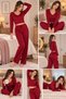 Women's Burgundy V-Neck Long Sleeve Pajama Set Relaxed Fit Home Wear Set - 4
